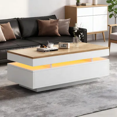 Image de OKWISH Table Basse - Table de Salon Moderne avec LED, 2 Tiroirs et Rangement, Blanc et Bois Naturel, 100x50x35 cm