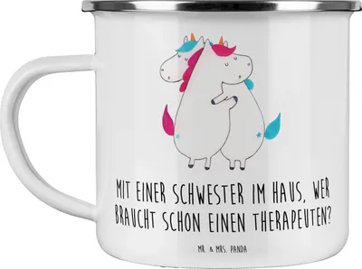 Produktbild von Mr. & Mrs. Panda Teetasse Schwester Glück - Weiß - Geschenk, handgemacht, Emaille Becher, Reisebecher, Familie, Haferl, Bindung, Teebecher, Familienmitglieder, Tasse