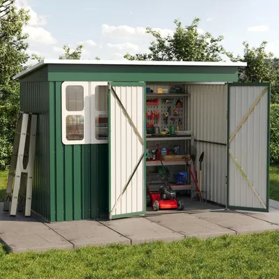 Image de Abri de jardin 260x176 cm, en acier galvanisé, verrouillable, avec fenêtre et ventilation, de couleur verte