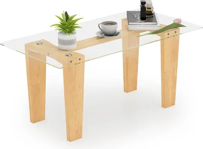 Immagine prodotto di Tavolino in vetro - Tavolino e tavolino ausiliario - Rettangolare - Gambe in legno di gomma - Piano in vetro - Kaki