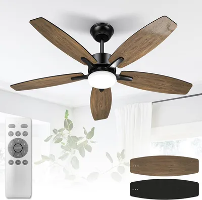 Productafbeelding van Plafondventilator met verlichting en afstandsbediening, stil, 106 cm, plafondventilatoren met led-lamp met 5 houten ventilatorbladen, houtnerf/zwart,