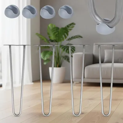 A collage showing table legs and protective caps for them, with a living room background.