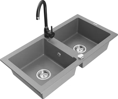 Immagine prodotto di Mexen Mario lavello da cucina in granito a 2 vasche con miscelatore Telma, grigio - 6504-71-670200-70