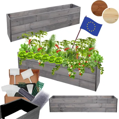 Produktbild von MODO24 Hochbeet Holz, Pflanzkasten, Massivholz, Kiefer, Kräuterbeet, Blumenkasten, Garten, Terrasse, 27x120x30 cm, Grau, ZP06