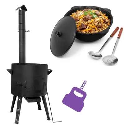 Produktbild von Ø44 Uchag 2mm Stahl Utschak mit Abzugsrohr 16L Kazan Grillfächer Schaumkelle Suppenkelle Utschak Utschag Kasan Feldküche Außenküche Eintopfofen Gulaschkanone