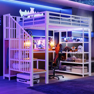 Produktbild von Flieks Etagenbett 140x200cm mit Led, Hochbett mit Schreibtisch und Ladefunktion, Kinderbett Jugendbett mit Regal und Kleiderstange, Metallbett Weiß