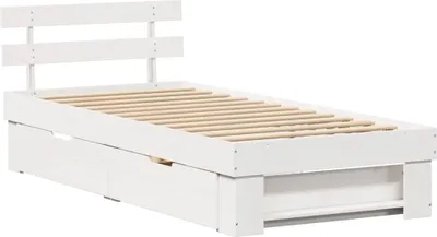 Zdjęcie produktu dla Łóżko Drewniane 100x200 Białe Rama Łóżka ze Stelażem z Zagłówkiem