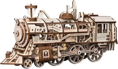 A 3D wooden mechanical steam locomotive model.