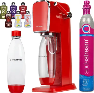 A collage of a red SodaStream machine, bottles, CO2 cylinder, and flavor syrups.