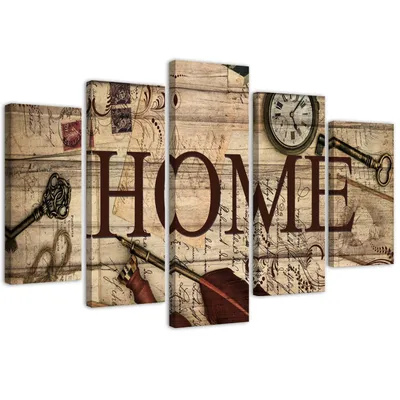 Produktbild von 5-teiliges leinwandbild home vintage-schriftzug 100x70 cm Feeby braun wandbild bereit zum aufhängen