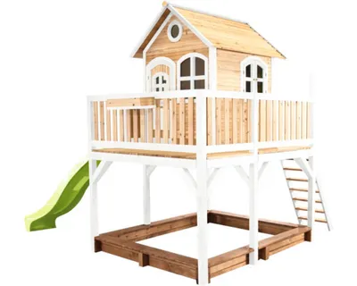 Produktbild von AXI Spielhaus Liam mit Sandkasten & hellgrüner Rutsche | Stelzenhaus XXL in Braun & Weiß aus Holz für Kinder | Spielturm mit Wellenrutsche für