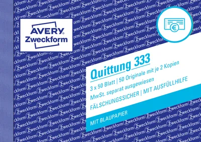 Immagine prodotto di Avery Zweckform® 333 333 Ricevute IVA mostrata separatamente - A6 orizzontale, MP, BL, antimanomissione, 3 x 50 fogli, bianco