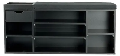 Schuhbank Flur Schwarz 100 cm mit Sitzkissen, Schublade und Regalböden in Gesamtansicht.