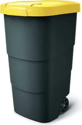 A dark gray trash bin with a yellow lid and wheels, shown against a white background.