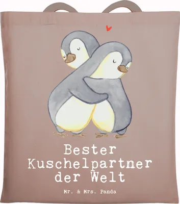 Produktbild von Mr. & Mrs. Panda Tote Bag Pinguin Bester Kuschelpartner der Welt - Braun Pastell - Geschenk, Hochzeitstag, Baumwolltasche, Einkaufstasche, Jutebeutel, Liebe, Tasche, Bett