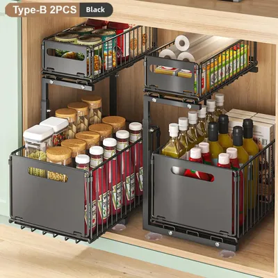 Image de Armoire de cuisine - Organisateur coulissant à 2 niveaux pour meubles bas - Pour sous l'évier - Étagère coulissante pour tiroirs - Acier inoxydable - Lot de 2
