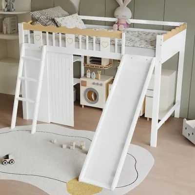 Produktbild von Kinderhochbett mit Rutsche 90x200, Weiß Natur, Hochbett weiß natur aus Kiefer und MDF, mit Kleiderschrank und Ablageschrank