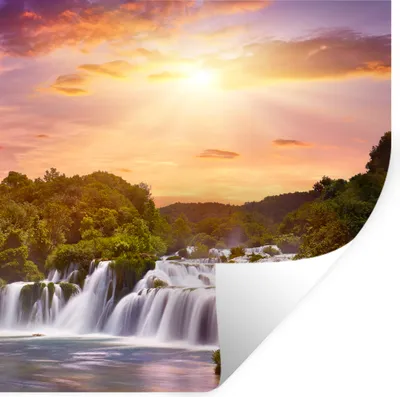 Produktbild von MuchoWow® Wandtattoo Wandsticker Wandaufkleber Wasserfall - Landschaft - Sonne - Wolken - Sonnenuntergang 80x80 cm Selbstklebend und Repositionierbar - Wierderverwendbar - Selbstklebend