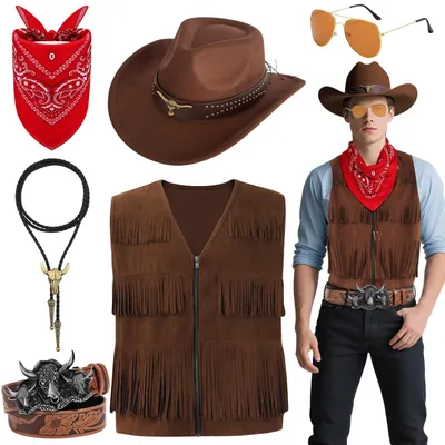Immagine prodotto di Set costume da cowboy, composto da 6 pezzi, con cappello e gilet, per uomo, ideale per il Carnevale