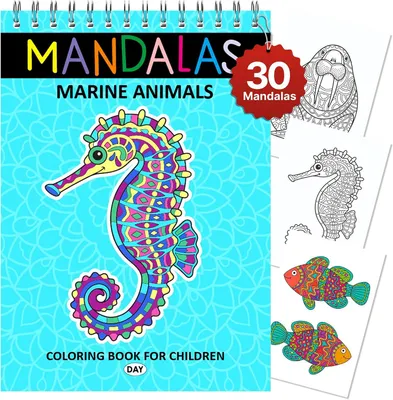 Produktbild von Mandala-Malbuch für Kinder | 30 Motive von Meerestieren | A4-Format | Premium-Papier | Spiralbindung