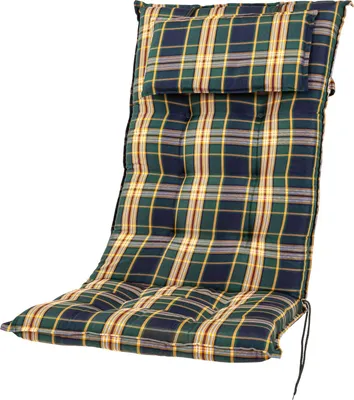 A plaid chair cushion with a headrest, shown from a diagonal angle against a white background.