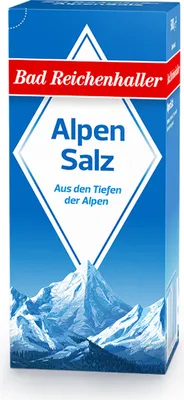 A box of Bad Reichenhaller AlpenSalz with a mountain landscape depicted on it.