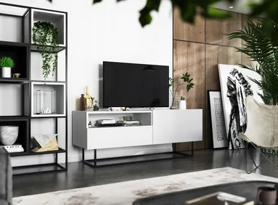 Immagine prodotto di Mobile TV Enjoy TV-Lowboard Loft Style Telaio di base in metallo nero Moderno Lindner Möbel 120cm x 46cm x 35cm Colore: Bianco opaco - Bianco opaco