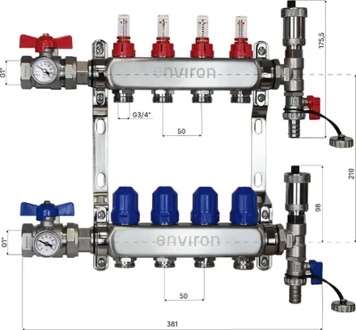 Obrázek produktu pro Sada s pevně nastaveným regulátorem M059 20–70 °C s vysoce účinným čerpadlem EcoStar II 25/6, rozdělovačem topných okruhů z nerezové oceli, sadou pro odvzdušnění a sadou kulových ventilů – 4 topné okruhy / bez sady s pevně nastaveným regulátorem / se sadou kulových ventilů