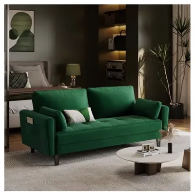 Zdjęcie produktu dla Sofa dwuosobowa do salonu zielona welurowa z poduszkami