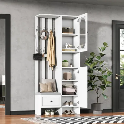 Produktbild von MODFU Kompaktgarderobe Garderobenschrank mit 2 Schränken,Eingangsschrank aus gehärtetem Glas,Garderoben-Set mit Schuhbank & Polster,Weiß