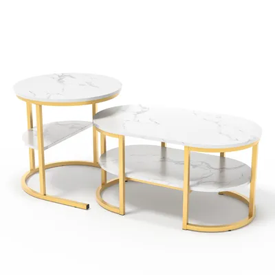 Immagine prodotto di set di 2 tavolini con design in marmo e struttura in metallo dorato