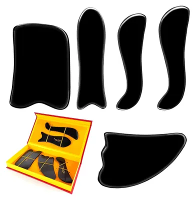 Produktbild von Gua Sha Massage-Set aus Büffelhorn - Massagebrett mit Schabetechnik für Gesicht und Körper