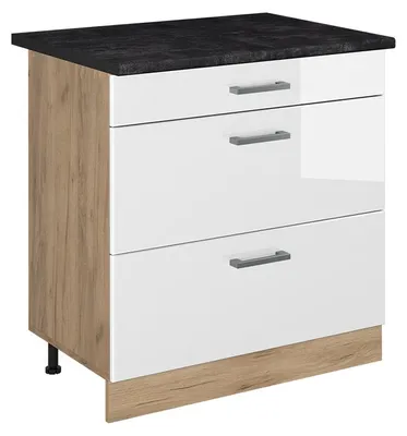 Imagen del producto de Mueble bajo de cocina Vicco R-Line Blanco alto brillo/Roble dorado 80 cm con 3 cajones encimera Antracita, Model 72464