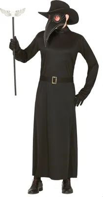 A person wearing a plague doctor costume, holding a staff.