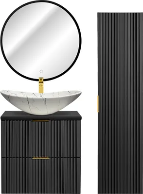 Produktbild von Badezimmer Möbel Set mit Hochschrank, LED Spiegel und Keramik Waschbecken, matt schwarz gerillt, ADELAIDE-56-BLACK, B/H/T ca. 130/200/46,5 cm