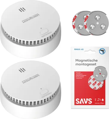Produktbild von WisuAlarm SA20-A Rauchmelder 10 Jahre Batterie mit Magnethalterung 2 Stück Set - Feuermelder Brandmelder - Rauchwarnmelder DIN EN14604 - Magnethalter