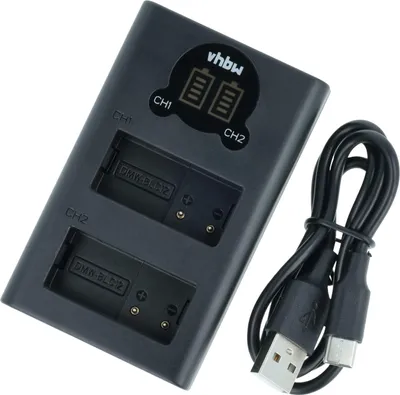 Produktbild von vhbw Dual Micro-USB + USB-C Ladegerät kompatibel mit Panasonic Lumix DMC-GX8A, DMC-GX8H Kamera - Ladeschale + USB-C Kabel Ladeanzeige + Display
