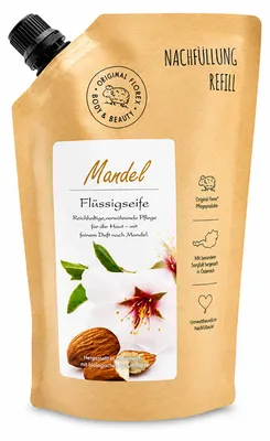 Produktbild von Flüssigseife mit biologischer Schafmilch 500ml im Nachfüll-Beutel, Mandel