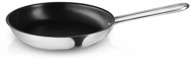 A stainless steel frying pan with a black non-stick interior and a silver handle, shown from a side angle on a white background.