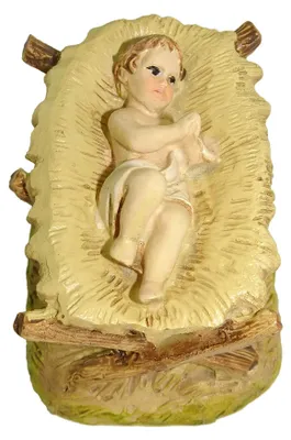 Krippenfigur Jesuskind mit Krippe, 10 cm, handbemalt