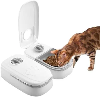 Produktbild von Automatischer Futterspender für Haustiere, 2 Mahlzeiten für kleine Hunde, Trocken- und Nassfutterspender mit Timer, Tier-Futterstation, zeitgesteuerter Katzenfutterspender zum Füttern