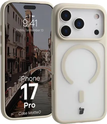 A rendered image of an iPhone 17 Pro with a beige case, showcasing the phone's screen and rear camera setup.