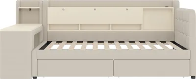 Produktbild von Merax Tagesbett 90x200cm, Schlafsofa mit 2 Schublade, Schreibtisch, USB, Typ C, Aufbewahrungsfach, Regale, Daybett, Polsterbett, Leinen, Beige