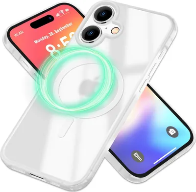 A clear phone case with a magnetic charging ring is shown with two phones, one displaying a clock and date, and the other displaying a lock screen.