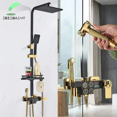 Immagine prodotto di Set doccia a pioggia - Sistema doccia termostatico a parete - Doccetta, doccetta per bidet e bocca di scarico per vasca - Display LCD per la temperatura - Acciaio inossidabile 304 - Nero/oro
