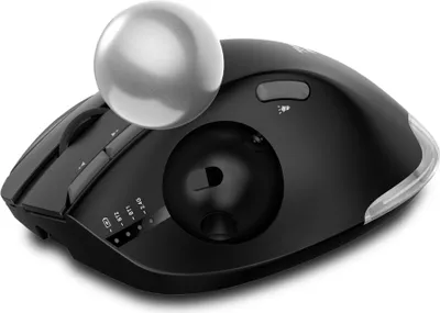 A black trackball mouse with a silver ball on top, shown from a diagonal angle against a white background.
