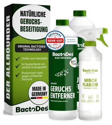 Produktbild von BactoDes Spezial Geruchsentferner 2 L I Enzymreiniger mit biologischer Mikrobenkraft & Tiefenwirkung inkl. Spray-Mischflasche I Effektiver Geruchsneutralisierer für Haus, Auto & Textilien