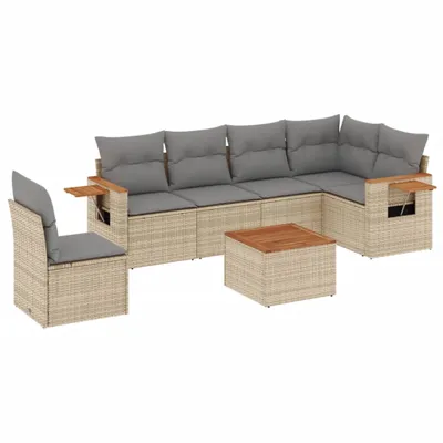 Produktbild von 7-tlg. Garten-Sofagarnitur mit Kissen Beige Poly Rattan