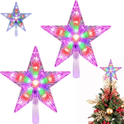 Produktbild von 2x 22cm Christbaumspitze Stern mit 31 LED Weihnachtsbaumspitze 8 Blinkmodi Timer/Batterie RGB Mehrfarbig Weihnachtsbaum Stern Spitze Baumspitze Deko