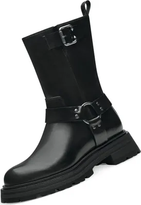 A black leather boot with a buckle and strap detail, shown against a white background.